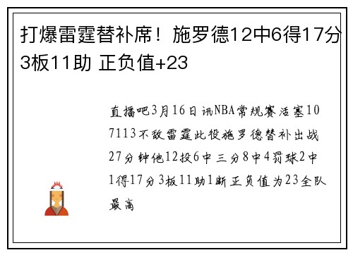 打爆雷霆替补席！施罗德12中6得17分3板11助 正负值+23
